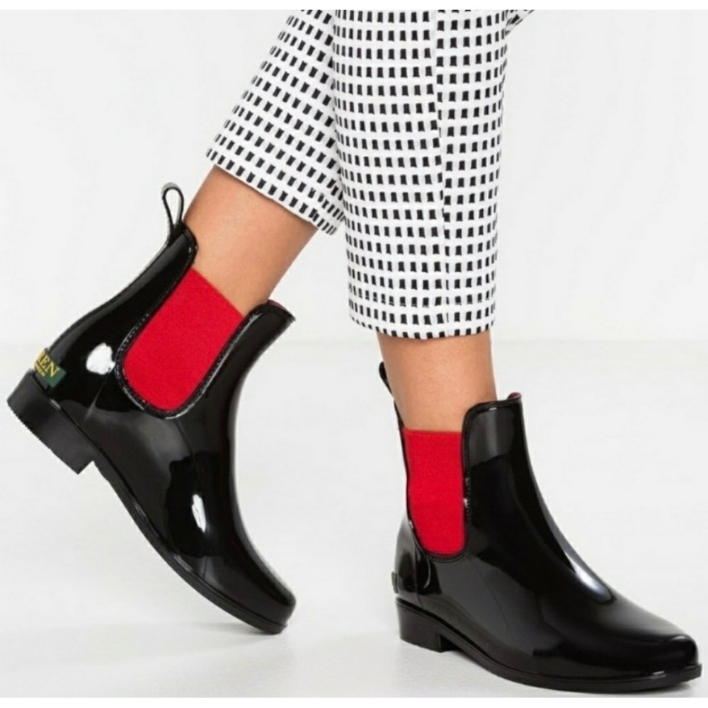 Lauren Ralph Lauren Womens Tally Rain Boots Size 9 Black Red Chelsea Booties